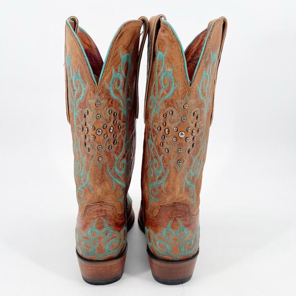 Lucchese Women’s 11 Cognac Leather Teal Stitch Studded Pointed Toe Cowgirl Boots - Picture 8 of 12